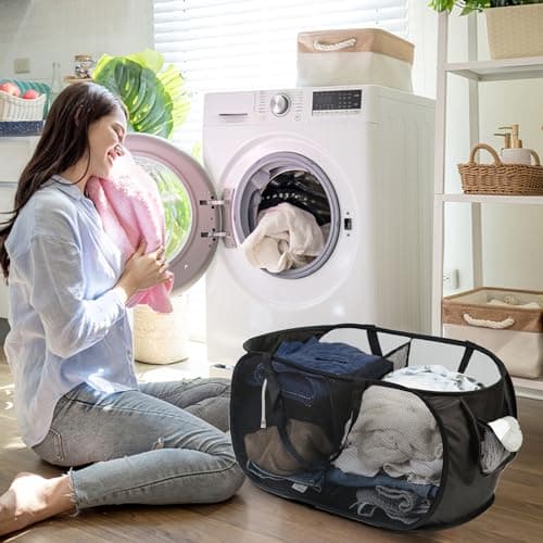 KIAYOO Collapsible Laundry Basket,Foldable Clothes Hamper 2 Compartments with Side Pocket Bag,Pop up Washing Bin Bag for Bathroom,Bedroom,College Dorm,Hotel,Travel,Black — view 2