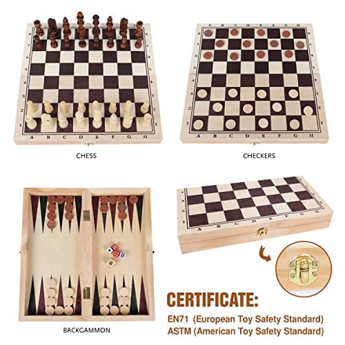 Wooden Chess, Checker and Backgammon, 3 in 1 Board Game Set, Classic Traditional Travel Night Toy and Game Gift Set for Kids Adults Senior Family — view 4