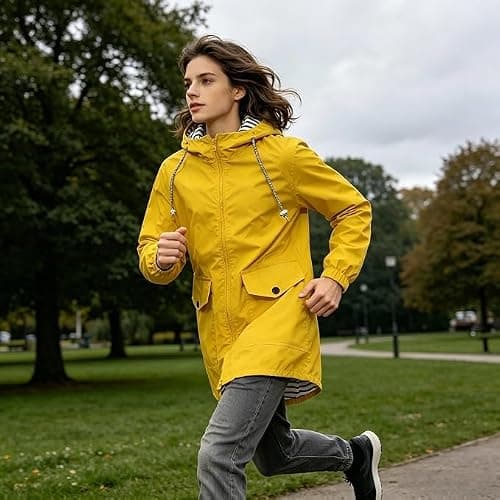 Waterproof Jacket Women Long Hooded – Softshell Rain Coat with Adjustable Waist & Cuffs, Breathable Windbreaker for Summer Spring Autumn, Ladies Lightweight Jacket S-5XL Black Navy Green — view 4