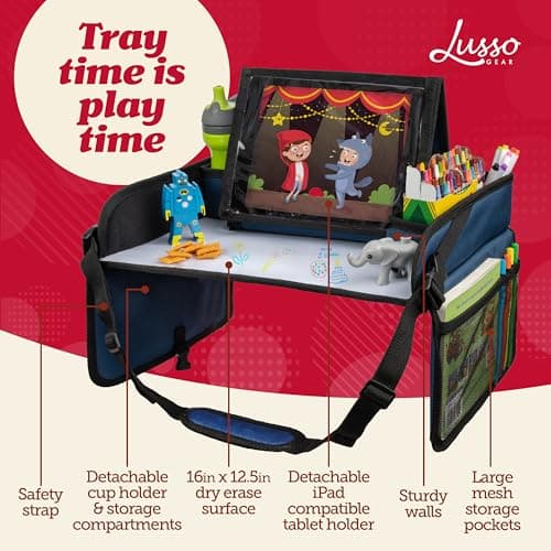 Lusso Gear Kids Travel Tray for Toddler Car Seat, Travel Tray for Kids Car Seat, Lap Tray for Airplane, Travel Desk Essential Accessories, Carseat Table Tray for Kids Road Trip Activities (Blue) — view 3