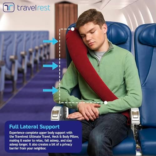 Travelrest Ultimate Travel, Neck & Body Pillow - Strap to Plane & Car Seat - Compact, Comfort and Convenient for Office Napping, Airplane, Bus & Train - Upright Sleeping - Rolls Up Small - Red — view 4