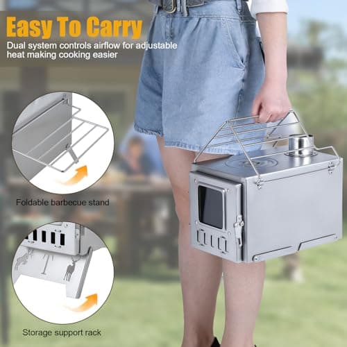 Hot Tent Stove with 5 Pipes Accessories, Wood Burning Camping Stove, Visible Window Side Panels Heating Cooking Wood Burner Stoves for Picnic Fishing Hiking (Silver) — view 5