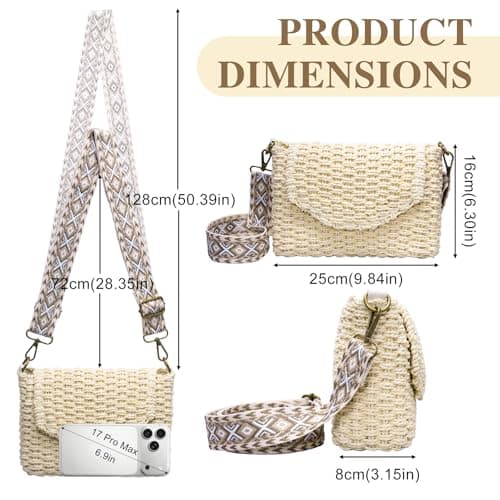 Toptime Straw Bag for Women, Small Summer Crossbody Bag with Zipper, Handmade Woven Boho Shoulder Bags with Adjustable Wide Strap, Stylish Beach Straw Handbag for Holiday Travel Vacation Shopping — view 2