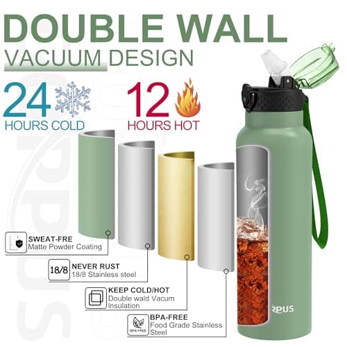 GOPPUS 750ml/26oz Stainless Water Bottle with Straw Double Wall Insulated Bottles with Strap Reusable Vacuum Thermal Flask Leakproof Keep Cold Drinks Bottles with Flip Top Lid BPA Free (Light Green) — view 5