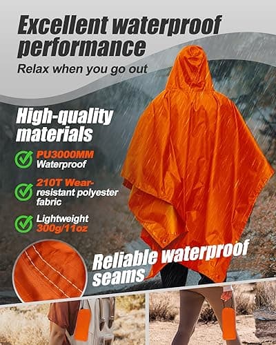 Snowalva Festival Poncho Waterproof Adult Reusable Poncho Waterproof Adult Lightweight Breathable Durable Environmentally Friendly Raincoat with Brim for Hiking Camping Cycling Traveling Orange — view 6