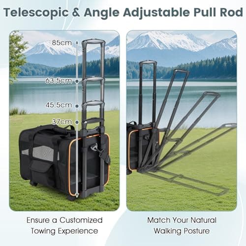 GYMAX Pet Carrier With Wheels, Foldable Soft-sided Dog Travel Crate with Telescopic Handle, Shoulder Strap, Washable Pad, Safety Leash & Storage Pocket, Rolling Cat Carrier (Black,43 x 33 x 32cm) — view 6