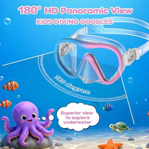Findway Kids Snorkel Mask, 180° Panoramic Wide View Swimming Goggles, Anti Leak Anti Fog Children Diving Mask with Nose Cover, Swim Goggles for Age 4-16, Two-Tone Frame — view 2