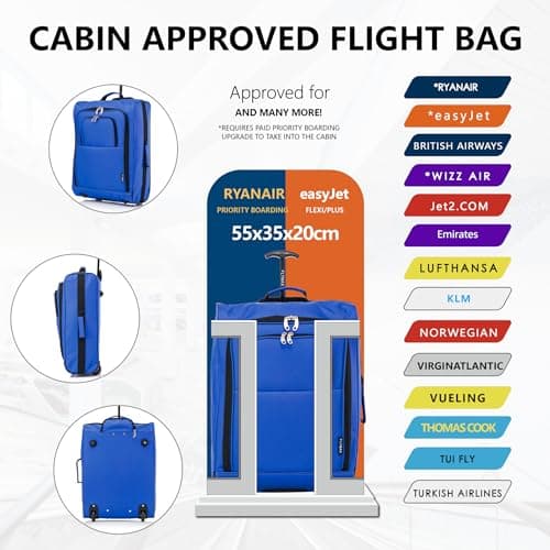 55x40x20 Ryanair Cabin Bag Hand Luggage Lightweight Suitcase Approved Carry on Luggage 1.4kg 44L Blue — view 2