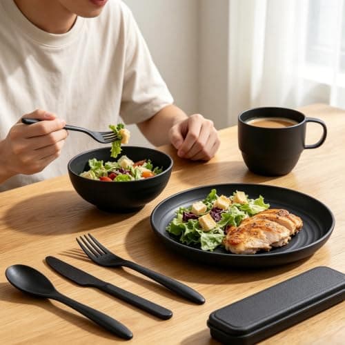 Belegao Camping Utensils Set Food Grade Plastic Cutlery Bowl Plate Cup 8PCS — view 4