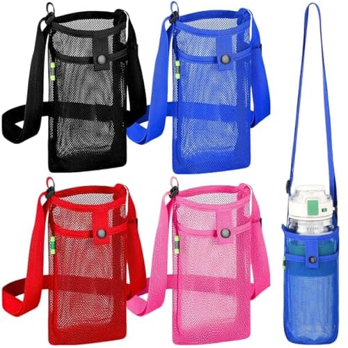 Ainvhh 4 PCS Water Bottle Holder Mesh Water Bottle Pouch Sleeve with Adjustable Shoulder Strap Portable Waters Bottles Sleeve Shoulder Bottle Holder for Outdoor Camping Hiking Gym Walking Sports
