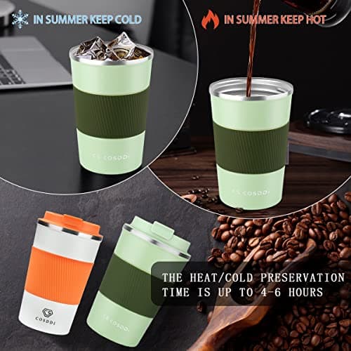 CS COSDDI Travel Mugs, Insulated Coffee Cup with Leakproof Lid - Reusable Coffee Cups Travel - Car Coffee Cup - Stainless Steel Coffee Mug for Hot and Cold Water and Tea (Olive Green, 380 ml) — view 3