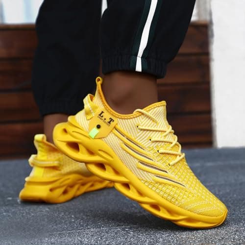 XKOWUO Mens Womens Trainers Walking Running Shoes Non Slip Gym Slip On Tennis Trainers Outdoor Sports Sneakers Lightweight Workout Shoes Yellow Size 11.5 — view 2