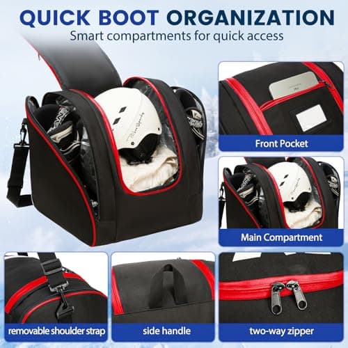 AIRTTUZ Ski Bag and Boot Bag Combo, Water-Resistant Ski Boot Travel Bag Fit Skis Up to 200 cm & Boots Size 13 With 5mm Foam Ski Gear Bag. (blk/red) — view 5