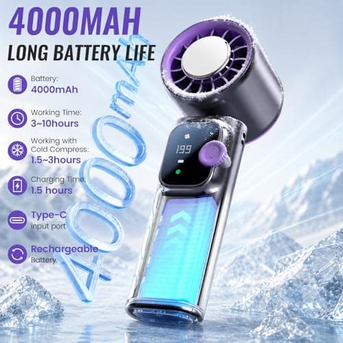 Yaskyly Handheld Turbo Fan with Ice Cooler, 16H Cooling Mini Fans Powerful Portable Fans Up to 90° Foldable Personal Rechargeable Fan 1-199 Speed LED Display for Women Men Outdoor Indoor (Gray) — view 5