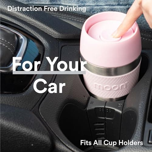 Moon 360° Travel Mugs - Leakproof Reusable Coffee Cup for Hot Drinks - Insulated Stainless Steel Thermal Mug, Fits Car Cup Holders (300ml, Recycled Metal/Pink) — view 6