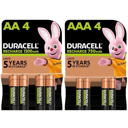 Duracell Rechargeable AA and AAA Batteries (Pack of 4 + 4), 1300mAh NiMH, 750mAh NiMH, pre-charged, Longest Lasting Power