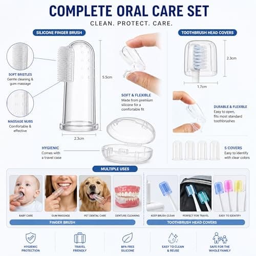 WHALESALE 6pcs Toothbrush Cover Set with Silicone Finger Brush and Case Portable Finger Tongue Cleaner Travel Toothbrush Cap Protectors with Soft Cleaning Finger Brush — view 3