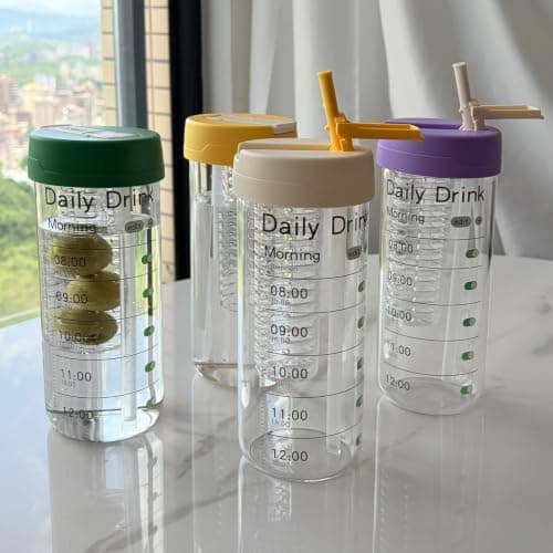 700ml Glass Water Bottle with Fruit Infuser & Hidden Straw, Leakproof Time Marker Drinking Bottle, BPA-Free Glass Tumbler with Silicone Sleeve forScholl, Gym, Office, Travel (Lavender Purple, 700ml) — view 2