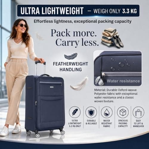DK Luggage Ultra Lightweight Only 3.3kg Large 28 Inch Soft Shell Suitcase, 4 Wheel Spinner Checked Luggage 23kg–25kg Capacity, Expandable Travel Case (WLS Navy, Large) — view 3