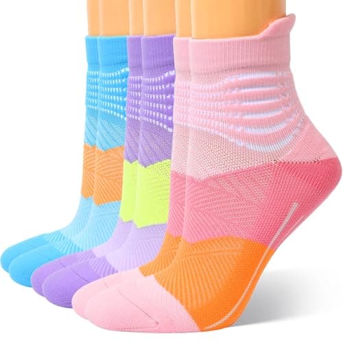 IRAMY Compression Ankle Support Socks Women Wicking Cushioned Athletic Plantar Fasciitis Relief 3 Packs(Pink+Purple+Blue M)