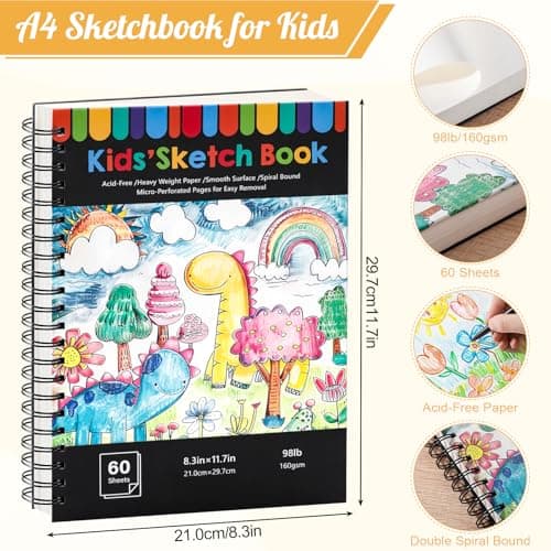 A4 Sketch Book for Kids, 160gsm Hardcover Spiral Drawing Pad, 60 Sheets — view 2