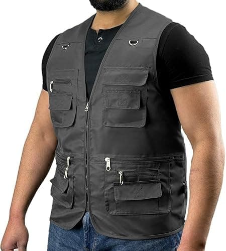 BLOOM BLENDS Men's Fishing Vest Lightweight Multi Pocket Utility Gilet with Zipped Pockets D Rings, Outdoor Waistcoat for Anglers, Hiking and Travel, Charcoal, Size L — view 2