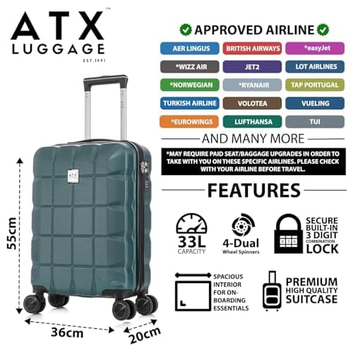 ATX Luggage 55x36x20cm Cabin Suitcase Super Lightweight Small Suitcase Approved for 100+ Airlines Including EasyJet, Ryanair, British Airways & Virgin Atlantic (Forest Green, 21Inches, 33Liter) — view 2