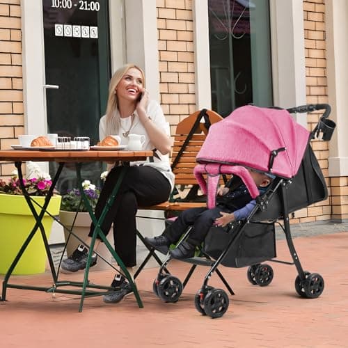 Travel Baby Stroller, Baby Pushchair Up to 10kg Buggy One-Hand Folding Infant Pushchair with Adjustable Backrest, Canopy, Storage Basket for 0-2 Years Toddlers (Pink) — view 2