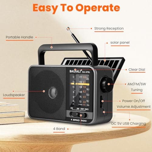 BAIJIALI Solar-Powered Portable Radio,Built-in Rechargeable Battery/USB-C — view 5