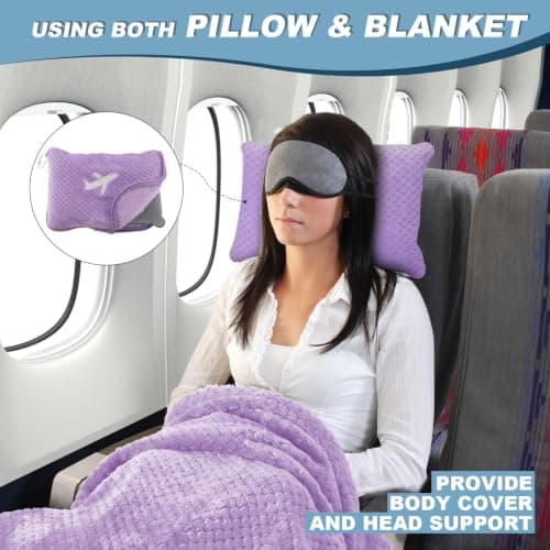 Nenolix 3 in 1 Travel Pillow and Blanket Set - 280 GSM Travel Blanket Airplane Compact with Bag, Inflatable Travel Pillow, Packable Airplane Blanket, Luggage Sleeve & Backpack Clip (Light Purple) — view 2