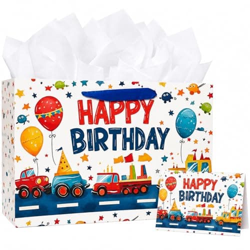 Birthday Gift Bag for Boy Girl,Construction Vehicle Them,32x 22 x 12CM