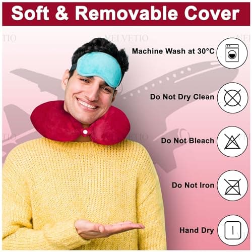 VELVETIO Memory Foam Neck Pillows for Sleeping, Lightweight U Shape Head Support Travel Pillow for Airplane, Soft Removeable Cover Ideal for Car & Office, Red — view 4
