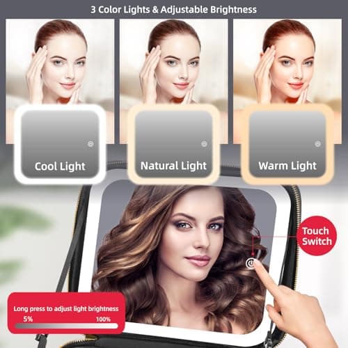 Travel Makeup Bag Cosmetic Bag Make up Organizer Bag with Large Lighted Mirror 3 Color Modes Adjustable Brightness, Waterproof PU Leather Makeup Travel Case Makeup Train Case Toiletry Gift Accessories — view 3