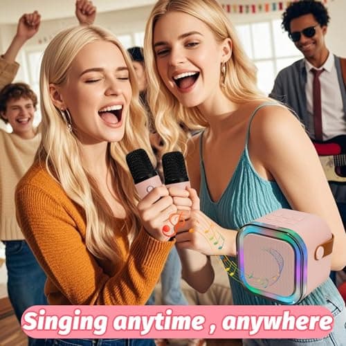 Mini Karaoke Machine for Kids Adults with 2 Wireless Microphones, Portable Singing Machine for Ages 3,4,5,6,7,8,9,10,11,12+ Years Old Girl Birthday Gift, Karaoke Speaker, Family,Home Party (Pink) — view 5