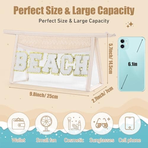 Etercycle Boho Patch Makeup Bag, Clear PVC Travel Toiletry Bag Waterproof Beach Bags for Women, Small Chenille Letter Bag with Zipper for Beach Travel Essentials (Beach) — view 2