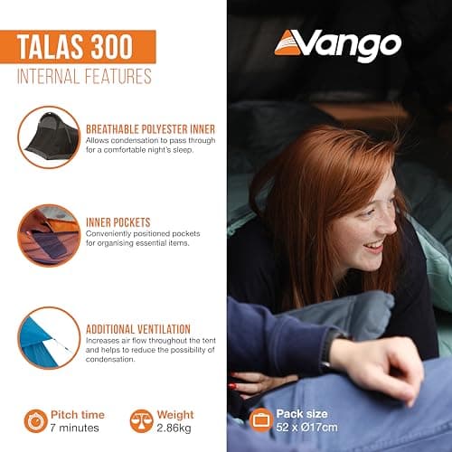 Vango Talas 300 Tunnel Tent [Amazon Exclusive] Easy To Pitch 3 Man Tent Waterproof for Adventure Camping, River Blue — view 6