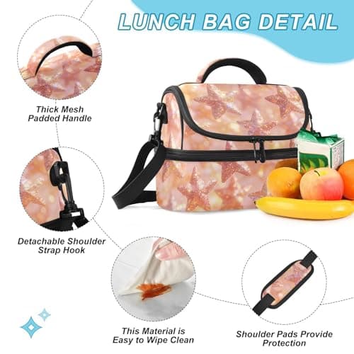 Caihoyu Double-layer Lunch Bag Rose Gold Glitter Stars Soft Cooler Cooling boxes? with Shoulder Strap for Beach, Camping, Road Trips — view 4