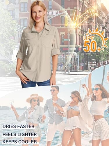 Faysfad Women's Safari Shirt UPF 50 UV Sun Protection Quick Dry Shirts Long Sleeve Hiking Walking Fishing Outdoor Travel(5081,Light Khaki,L) — view 6