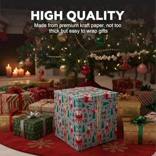 Christmas Wrapping Paper Sheets with Gift Tags & String – Santa, Elf & Red Stripe Designs – Premium Xmas Gift Wrap Set for Presents A2 Size (Pack of 3 Sheets & 3 Tags & Strings) — view 4