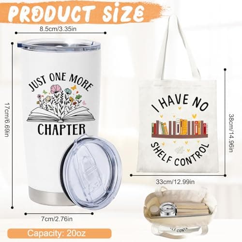 Onperpoe Book Lover Gifts Set, Canvas Bag and Stainless Steel Insulated Cup with Straw and Lid, Double Wall Vacuum Travel Coffee Tumbler Set Books Tote Bag Gifts for Book Lovers — view 2