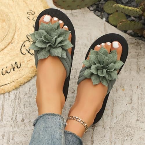 Flower Flip Flops Women Beach Slippers Size 7.5 Boho Open Toe Slip on Flat Sandals Summer Comfortable Yoga Mat Thong Sandals for Pool, Travel Vacation Slippers Flower Army Green Footwear Gift — view 4