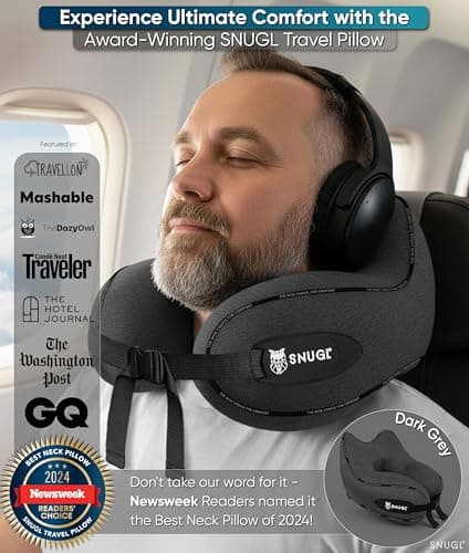 SNUGL Travel Pillow – Memory Foam Neck Pillow for Travel – Support Cushion for Airplane with Carry Bag & Clip - Holiday Essentials (Dark Grey - Adult Regular) — view 2