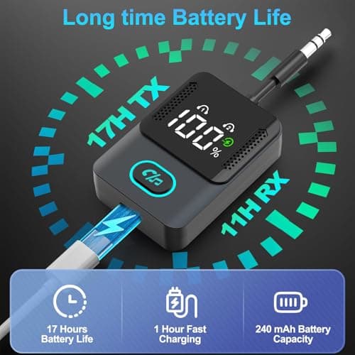Bluetooth 5.3 Transmitter Receiver, 2-in-1 Airplane Wireless Bluetooth with LED Display, Compatible with 2 AirPods or Wireless Headphones, 3.5mm Aux Audio Jack, for Flight/TV/PC/Car/Speaker/Gym — view 4