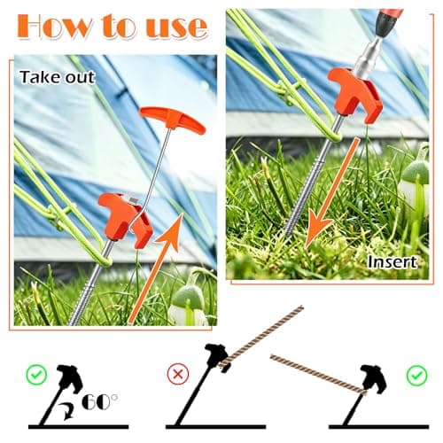 12 Pack Heavy Duty Tent Pegs, 8.07in Camping Rock Pegs, Ground Anchors with Thread, Includes Drill Adapter & Nail Puller & Drawstring Bag, Ideal for Camping, Rock, Beach (Orange) — view 4
