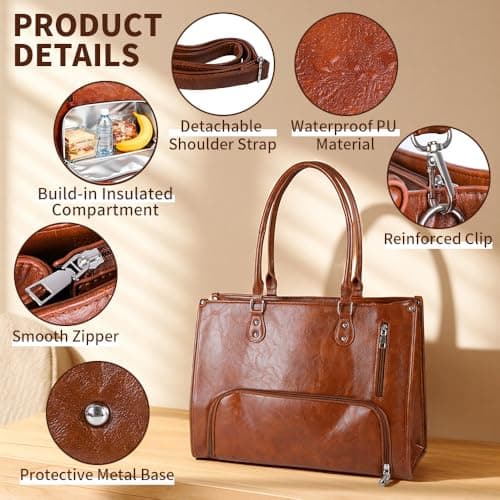 15.6‑Inch PU Leather Laptop Tote Bag, Women Work Handbag with Lunch Pocket — view 4