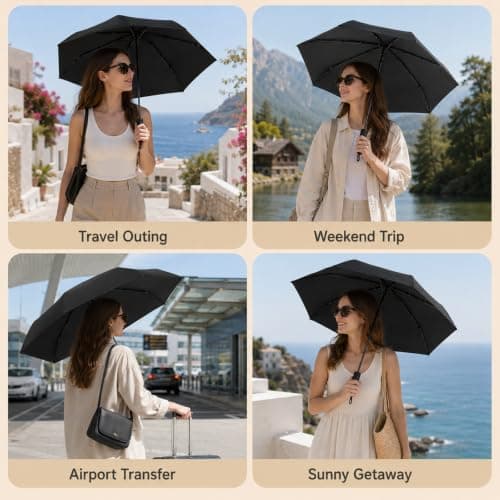 WHJYCC Mini Travel Umbrella, UPF 50+, 6-Rib, Black, with Zip Case — view 5