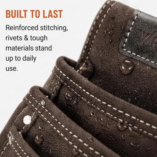 WrightFits Heavy Duty Leather Tool Pouch – 4 Pocket Tool Belt Organiser with Hammer Loop, Metal D-Ring & Nail Holder | Brown Suede Leather Work Pouch for Carpenters, Electricians & Builders — view 6