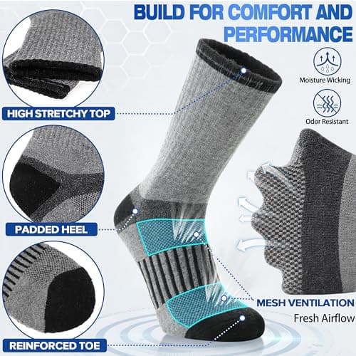 MOGGEI Merino Wool Hiking Socks for Men Thermal Warm Winter Cosy Breathable Cushioned Crew Socks for Walking Trekking Outdoor 5 Pairs, UK Shoe Size 7-11(Dark Pinstripes A) — view 4