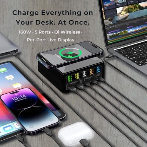 USB Charger Station Multi Port: Desktop 160W Power Fast Charging Hub Wall Block PD 3.0 – 5 Ports with Wireless Pad & Digital Display — view 2