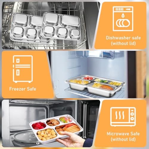 4 Pack Stainless Steel Divided Plates with Lids, 5 Compartments Lunch Boxes — view 4